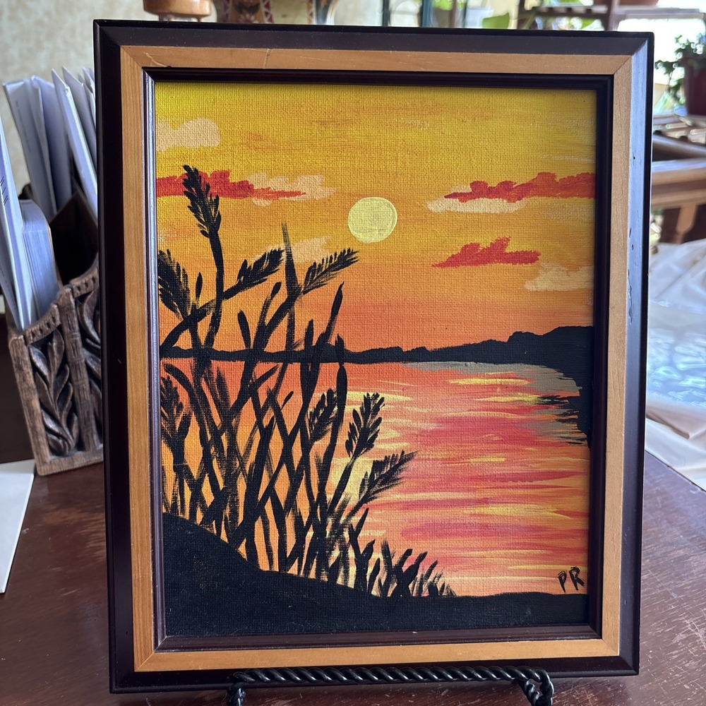 Framed Original Acrylic Sunset Nature Lanscape Cavasboard 9.5"x11.5" Wall Art